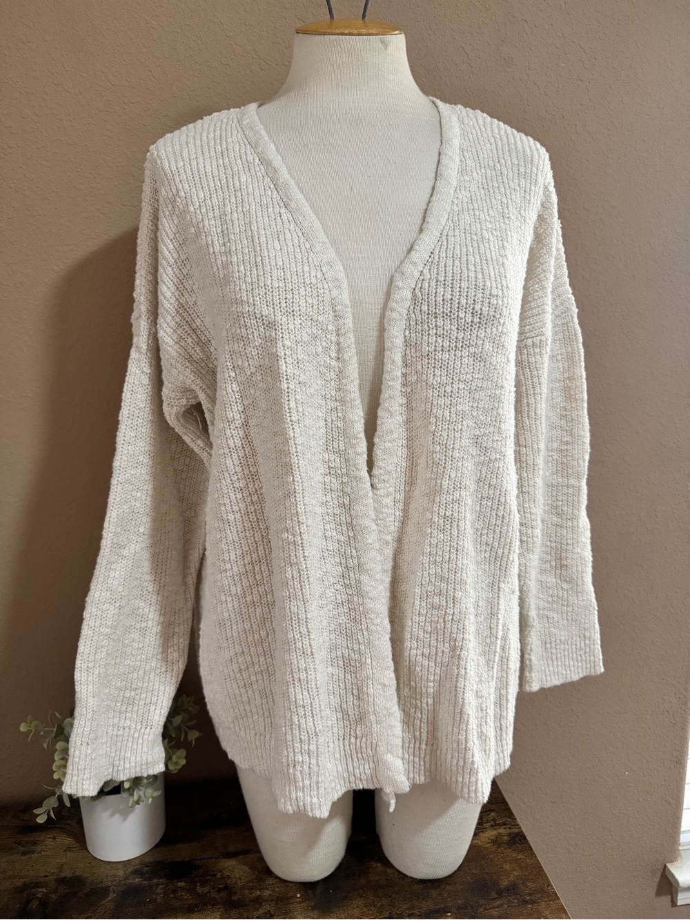 Nine West Cream Open-Front Cotton Ribbed Cardigan